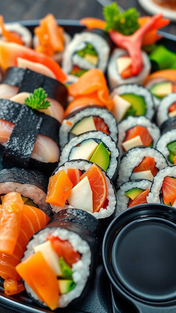A colorful platter of homemade sushi rolls with fresh fish, vegetables, and garnishes.